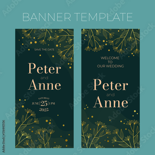 Floral wedding vertical banner template in elegant golden style, invitation card design with gold flowers with leaves, dots. Vector decoration on rich green background.
