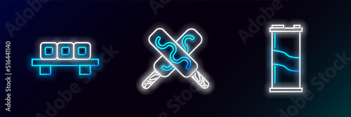 Set line Soda can, Sushi on cutting board and Ice cream icon. Glowing neon. Vector