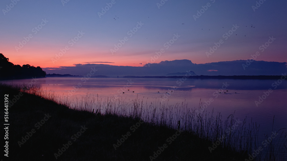 Lake fogliano at dawn, Circeo national park. Italy	