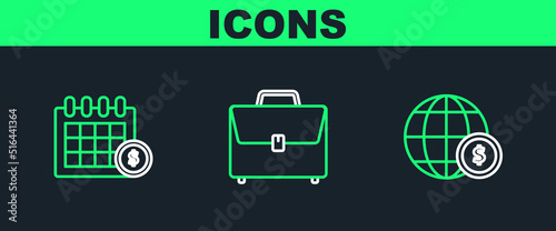 Set line Earth globe with dollar symbol, Financial calendar and Briefcase icon. Vector
