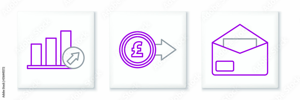 Set line Envelope, Presentation financial with graph, schedule, chart, diagram, infographic, pie graph and Coin money pound sterling symbol icon. Vector Set line Envelope, Presentation financial with graph, schedule, chart, diagram, infographic, pie graph and Coin money pound sterling symbol icon. Vector
