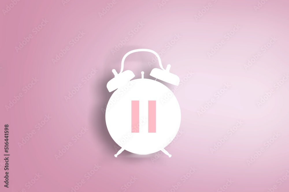 Obraz premium Menopause concept, pause sign on a white alarm clock on pink background. Minimal concept hormone replacement therapy.