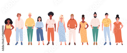 Crowd of different people of different races, body types. Social diversity of people in modern society. Hand drawn vector illustration