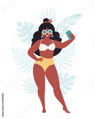 Black woman in retro glasses and swimsuit making selfie or recording video. Hello summer, summer vacation, summer fun. Hand drawn vector illustration