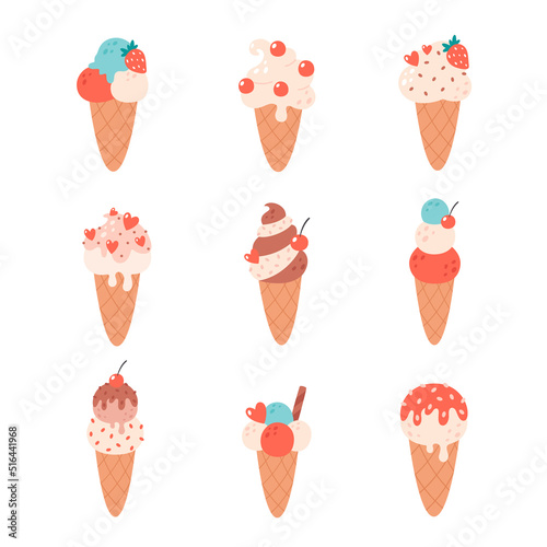 Ice cream collection. Ice cream cone with different flavors. Summertime, hello summer. Hand drawn vector illustration