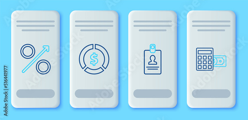Set line Coin money with dollar symbol, Identification badge, Percent up arrow and Calculator icon. Vector