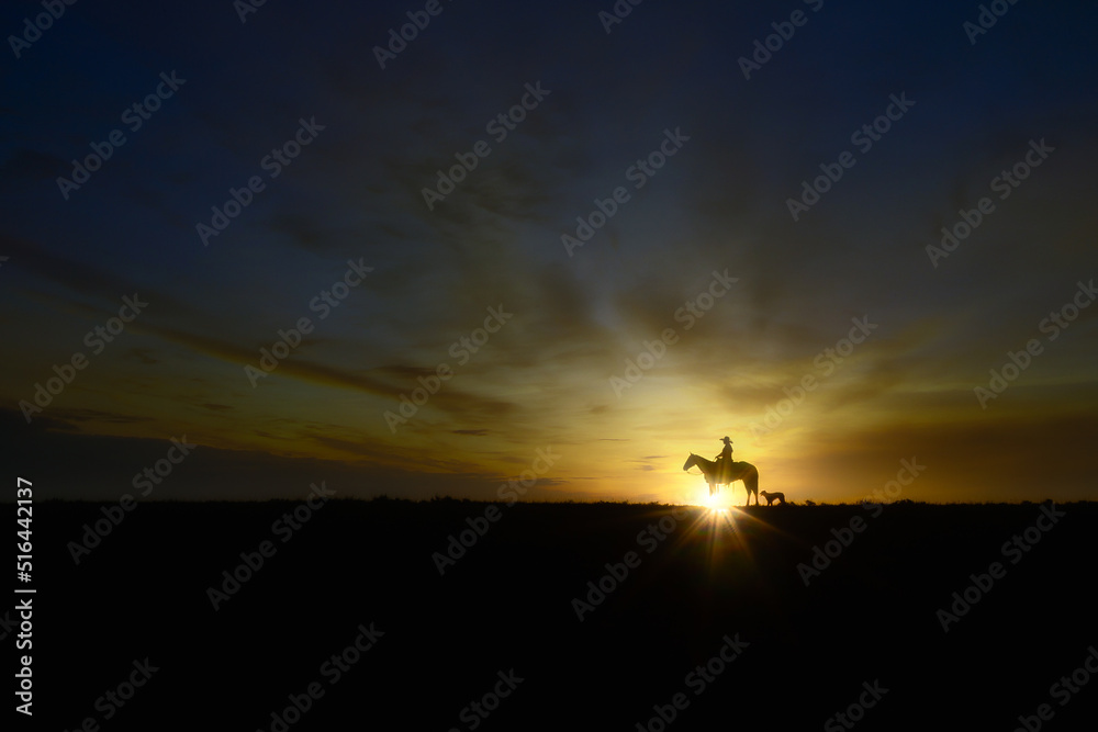 silhouette of a person with a dog and horse. 