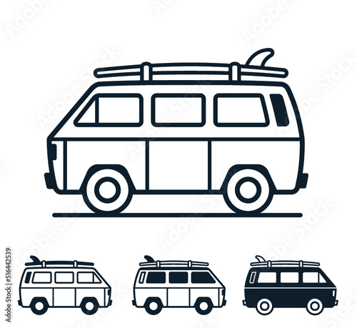 Vector of vintage van with surfboard on top of the roof on white background - icon set