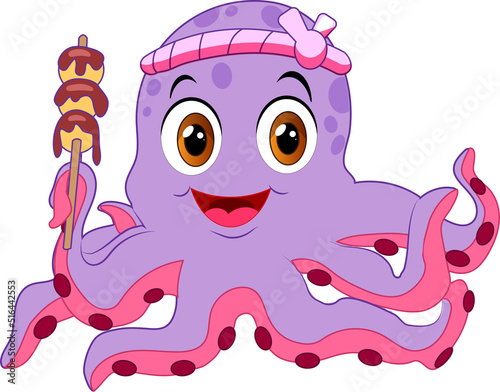 octopus cartoon style hold takoyaki with kanji mean takoyaki photo