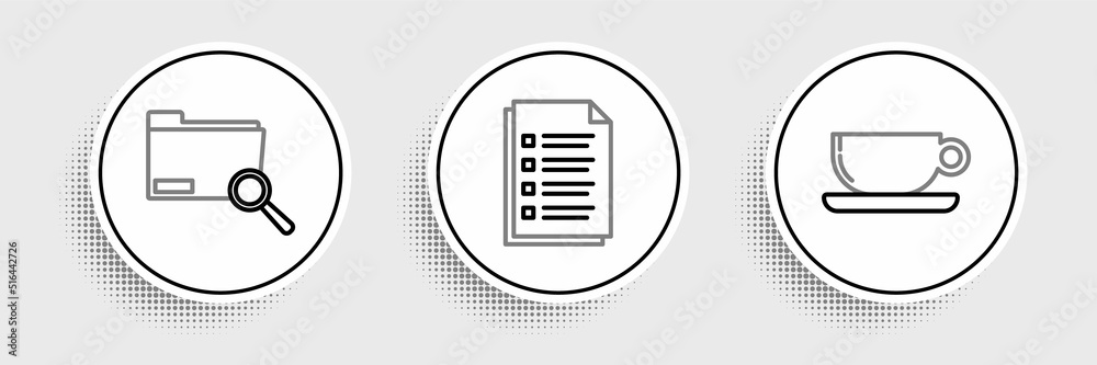 Set line Coffee cup flat, Search concept with folder and File document icon. Vector Set line Coffee cup flat, Search concept with folder and File document icon. Vector
