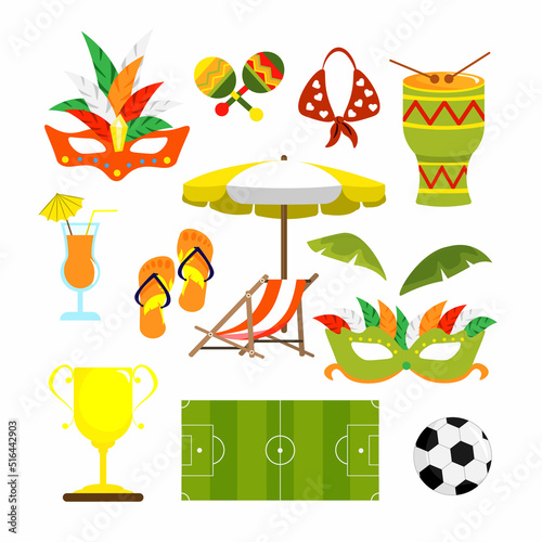 Set of equipment for vacationers in Brazil in cartoon style. Vector illustration of football field, ball, cocktail, slippers, swimsuit, sun lounger with umbrella, carnival masks, drum, maracas.