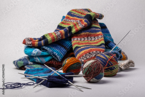 knitted socks made of multicolored yarn