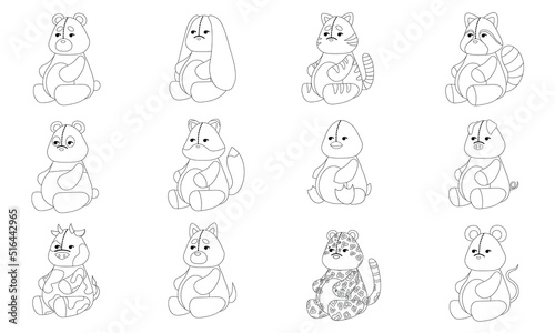 A set of the outline of 12 stuffed animal toys. Teddy bear, rabbit, cat, raccoon, panda, fox, penguin, pig, cow, dog, leopard and mouse. Flat vector illustration isolated on a white background.