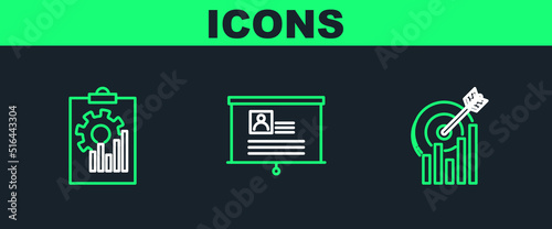 Set line Target with graph chart, Clipboard and Board resume icon. Vector