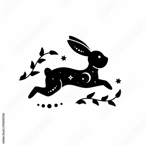 Celestial animal silhouette of running rabbit. Magic bunny with natural elements. Black magical bunny rabbit, mystic crescent moon esoteric symbol, constellation elements. Vector rabbit for decoration