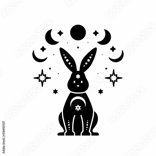 Celestial animal silhouette of rabbit. Magic bunny. Black magical bunny rabbit, mystic crescent moon esoteric symbol, constellation elements. Vector rabbit for decoration. Celestial clipart. 