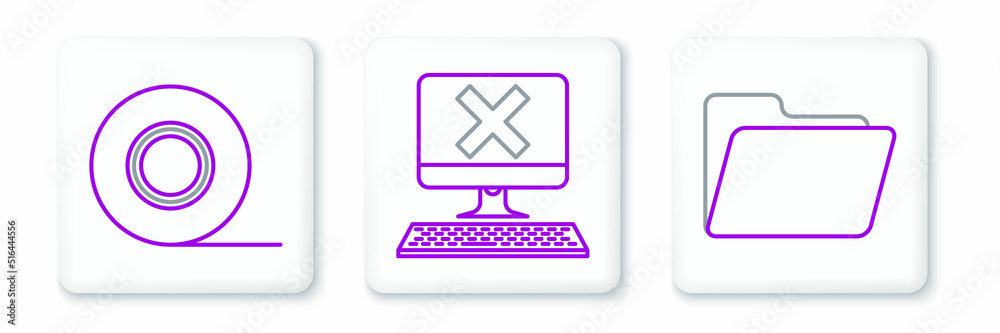 Set line Document folder, Scotch and Computer with keyboard and x mark icon. Vector Set line Document folder, Scotch and Computer with keyboard and x mark icon. Vector