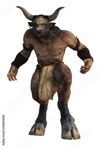 The mighty Minotaur, half man half bull, is a monster of Greek mythology said to patrol the labyrinth beneath the palace of King Minos of Crete. 3D Rendering 