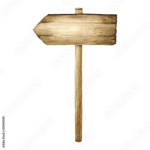 The wooden pointer is painted in watercolor. Wooden signboard for copying space. Textured wood background with watercolor hand-painted.