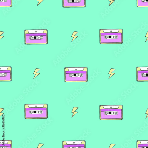 Seamless pattern of vintage music cassette tapes and lightning. Stereo audiocassette vector background. Illustration of audio tapes in retro style