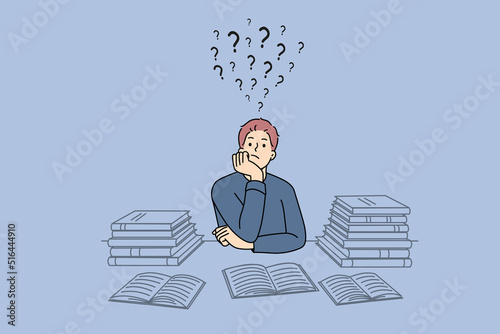 Pensive guy suit at desk studying thinking or pondering of problems finding solution. Thoughtful man with books feel frustrated daydreaming or planning. Dilemma. Vector illustration. 
