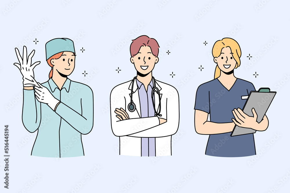 Set of smiling diverse doctors in uniform ready to give good quality medical service to patients. Collection portrait of happy nurse and surgeon in clinic or hospital. Medicine. Vector illustration. Set of smiling diverse doctors in uniform ready to give good quality medical service to patients. Collection portrait of happy nurse and surgeon in clinic or hospital. Medicine. Vector illustration.