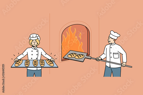 Happy bakers in uniform prepare cook fresh tasty crusty loaves in oven. Smiling worker bake delicious bread in bakery shop or house. Small business ownership, bakeshop. Vector illustration. 