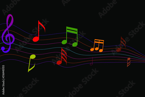 Music notes. Dark music background. Colorful abstract music notes on line wave background.