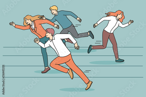 Weak woman employee refuse compete in race with colleagues or coworkers. Unmotivated female surrender from contest, fail quit life competition or game. Loser. Vector illustration. 