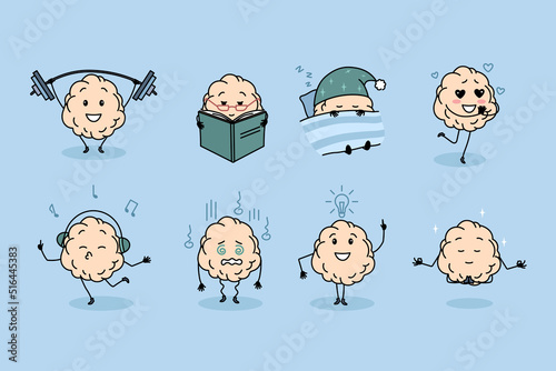 Set of diverse funny human brain icons do daily routine activities. Collection of funny mind train, sleep and dance. Mental intellectual activity and development. Vector illustration. 