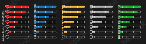 Set of game progress bars. Pixel scales of health, energy, time, protection and mana with different level of fullness. Heart and lightning, hourglass and shield, potion. Cartoon flat vector collection