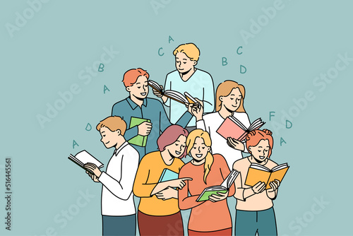 Happy diverse students with books enjoy learning together. Smiling millennial teenagers with textbooks study in group prepare for exam or test. Education and friendship. Vector illustration. 