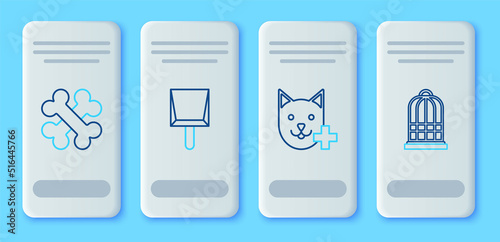 Set line Dustpan, Veterinary clinic symbol, Crossed bones and Cage for birds icon. Vector