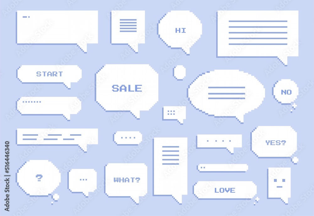 Set of pixel speech bubble stickers. White thought clouds with various inscriptions, strokes and questions. Elements for social networks. Simple flat vector collection isolated on purple background. Set of pixel speech bubble stickers. White thought clouds with various inscriptions, strokes and questions. Elements for social networks. Simple flat vector collection isolated on purple background.
