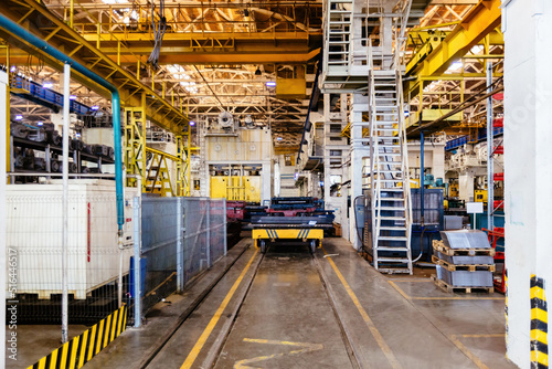 Metalworking factory production line. Interior of the worksop