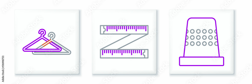Set line Thimble for sewing, Hanger wardrobe and Tape measure icon. Vector
