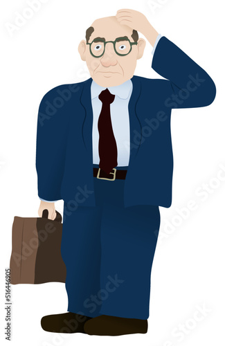 Professional man dressed in business suit with suitcase, standing with hand on head and confused facial expression