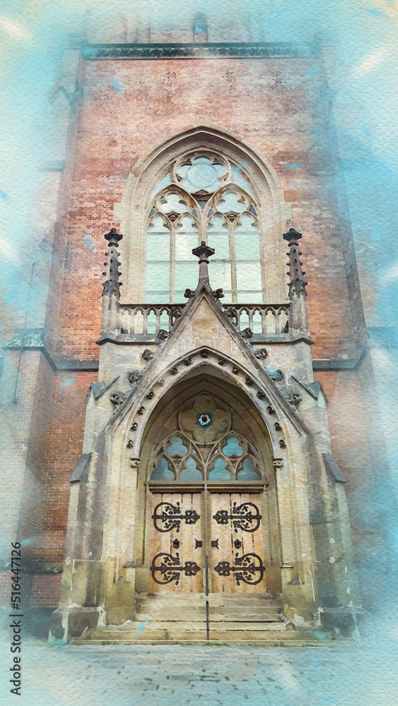 Obraz premium Cathedral in Brno watercolor pattern colorful illustration
