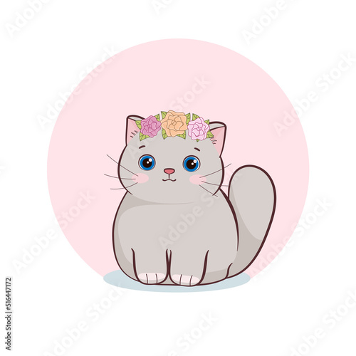 Cute kitten with flowers. On a round pink background. Taking care of animals. Children's vector illustration. World Cat Day