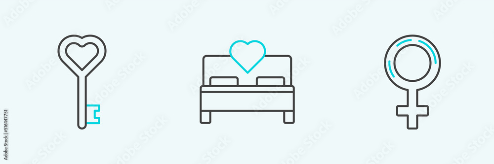 Set line Female gender symbol, Key in heart shape and Bedroom icon. Vector Set line Female gender symbol, Key in heart shape and Bedroom icon. Vector