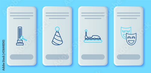 Set line Party hat, Bumper car, High striker attraction with big hammer and Comedy theatrical masks icon. Vector