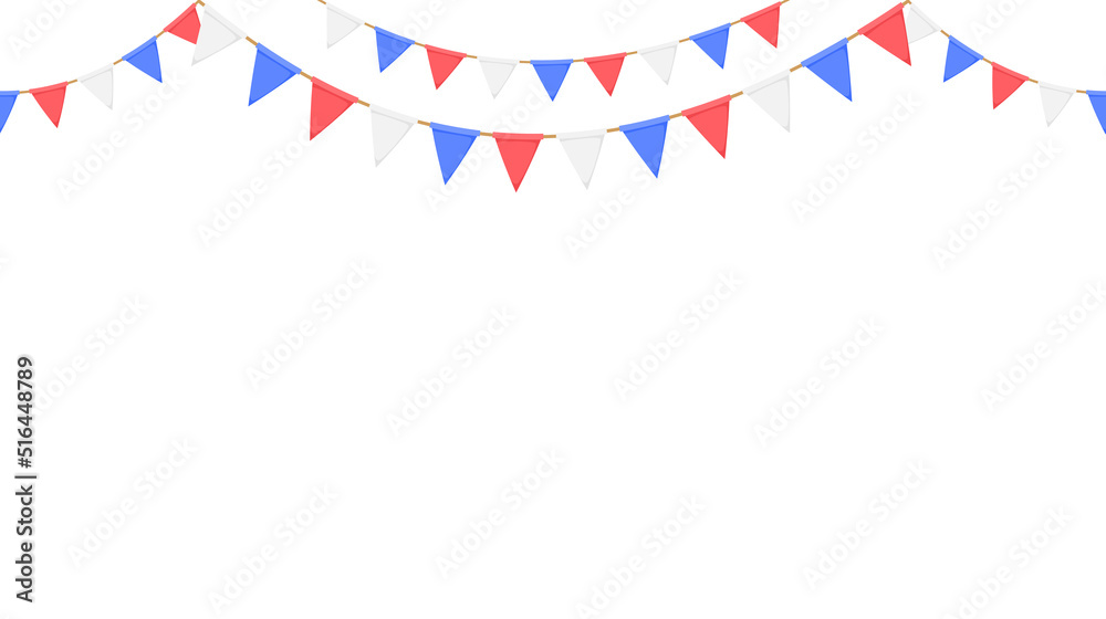 Flag garland. Repeating party bunting pattern. Triangle celebration flags chain. White, blue, red pennants decoration. Vector footer and banner Flag garland. Repeating party bunting pattern. Triangle celebration flags chain. White, blue, red pennants decoration. Vector footer and banner