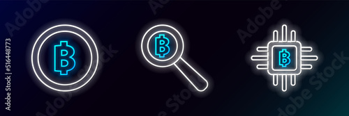 Set line CPU mining farm, Cryptocurrency coin Bitcoin and Magnifying glass with icon. Glowing neon. Vector