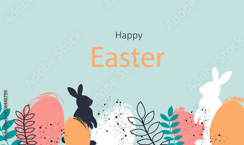 Happy Easter banner. Beautiful poster in pastel colors with easter eggs, dots, plant and bunny. Design element for greeting card for traditional christian holiday. Cartoon flat vector illustration