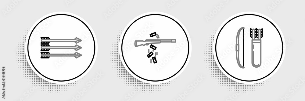 Set line Bow and arrow in quiver, Hipster arrows and Gun shooting icon. Vector Set line Bow and arrow in quiver, Hipster arrows and Gun shooting icon. Vector