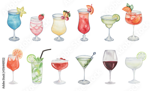 Watercolor illustration of hand painted cocktails. Sex on the beach, margarita, blue lagoon, rum-runner, martini, pina colada, aperol spritz, mojito, clover club, wine, gimlet. Alcohol beverage drinks