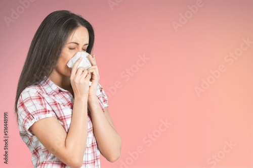 Obraz na plátně Sick unhealthy ill allergic person with runny stuffy sore nose suffer from aller