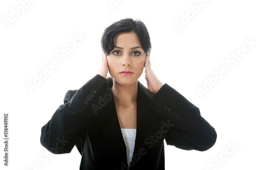 Female Model is Making Hear No Evil Gesture on White