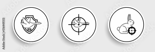 Set line Hunt on rabbit with crosshairs, Flying duck shield and icon. Vector