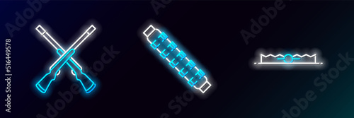 Set line Trap hunting, Two crossed shotguns and Hunting cartridge belt with cartridges icon. Glowing neon. Vector